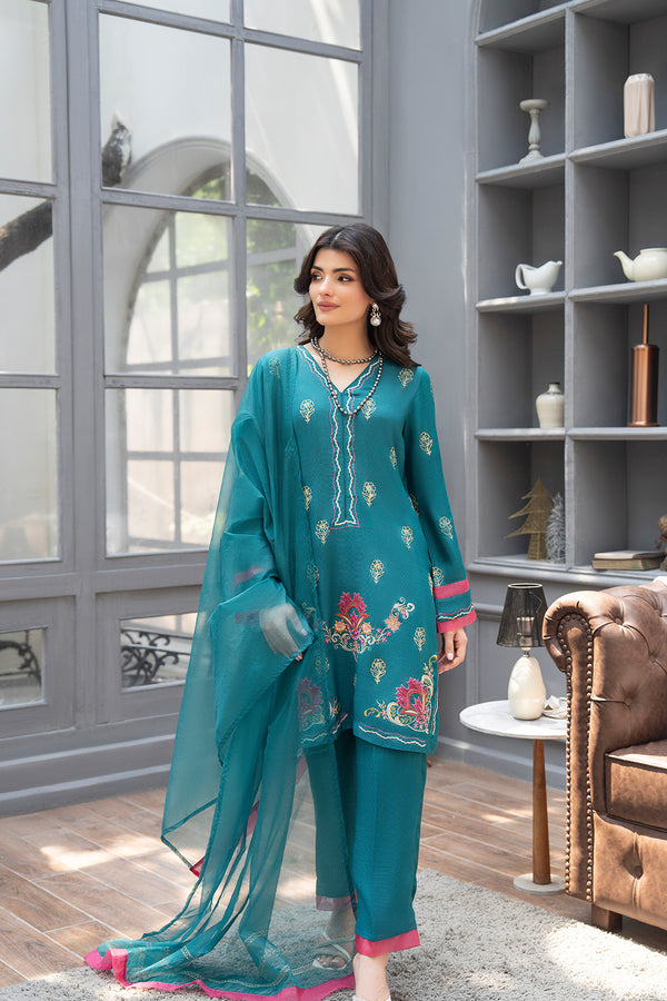 Teal Blue Rawsilk Embroidered Suit